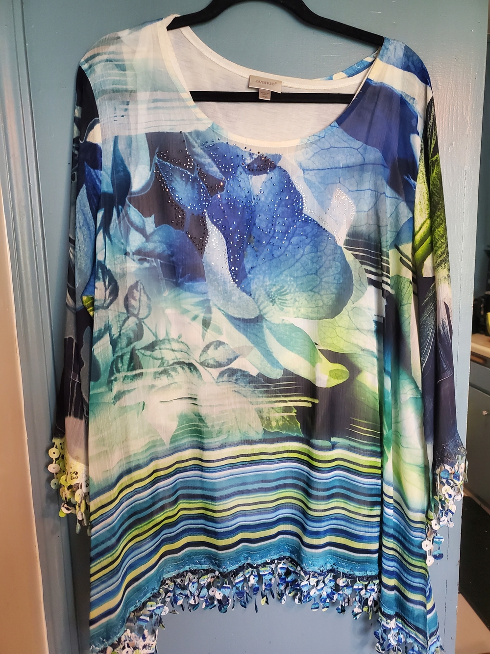 Avenue Blue Green Floral Striped Beaded Hem Blouse